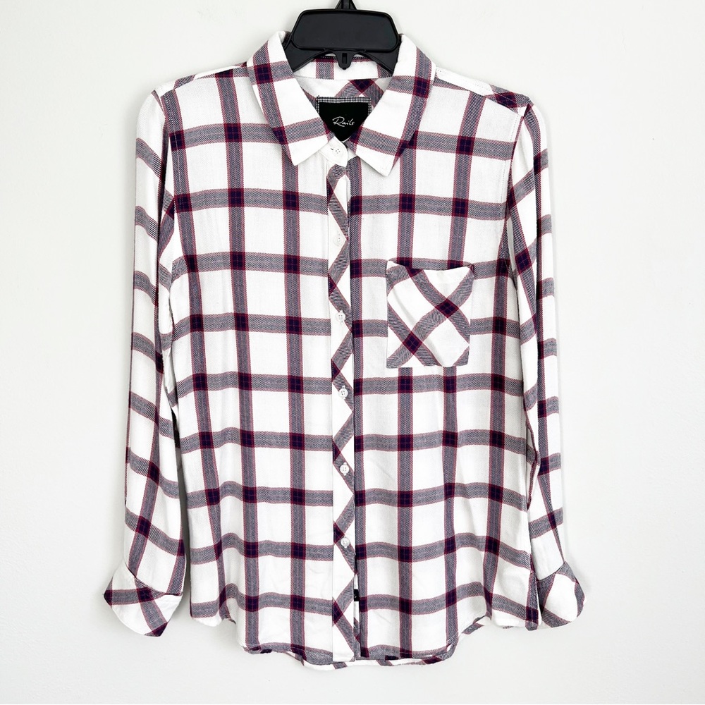 Rails Plaid Flannel Top Long Sleeve Button Down Shirt White Red Navy Blouse XS - Picture 12 of 17